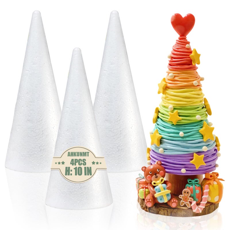 AHKUNMT 4 Pack Craft Foam Tree Cones, 10 * 4in Styrofoam Cones for Craft, White Large Polystyrene Foam Cones for Craft Use for DIY Art Projects, Christmas Tree Holiday Decor and Holiday Gnomes(10 * 4in-4pc) - Image 1